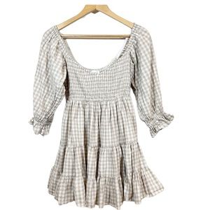 Mable tan gingham dress size Small Medium 3/4 sleeves smocked Cowgirl Peasant